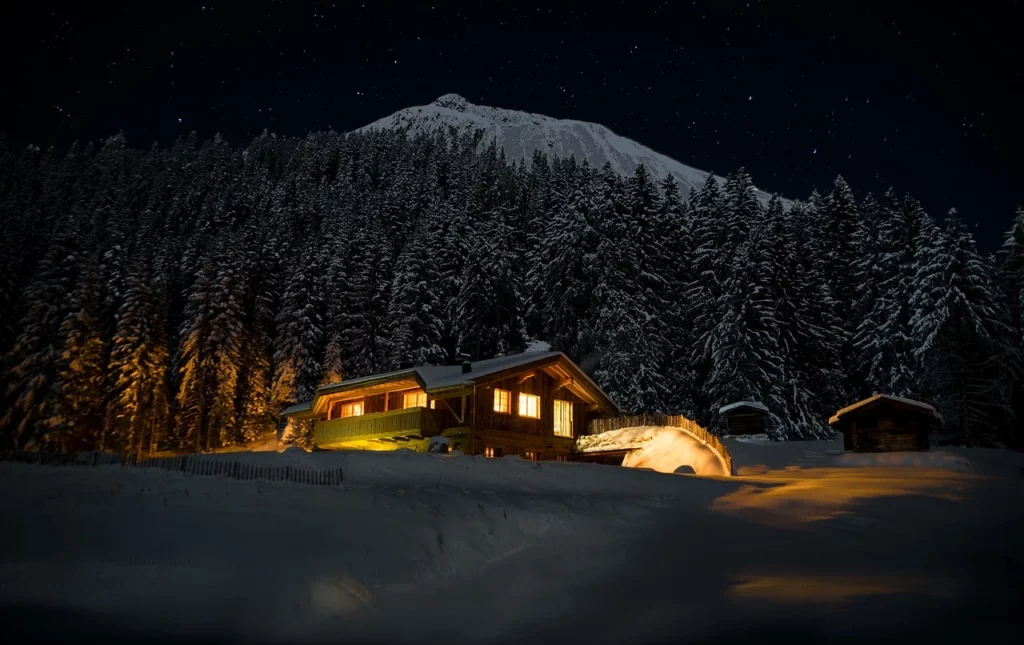 Paesaggio notturno con chalet illuminato con la neve