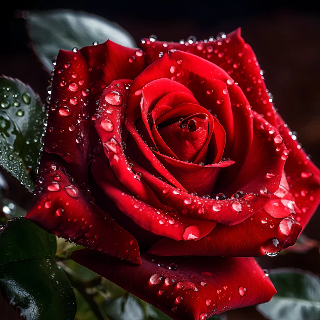Rosa rossa con gocce di acqua sui petali